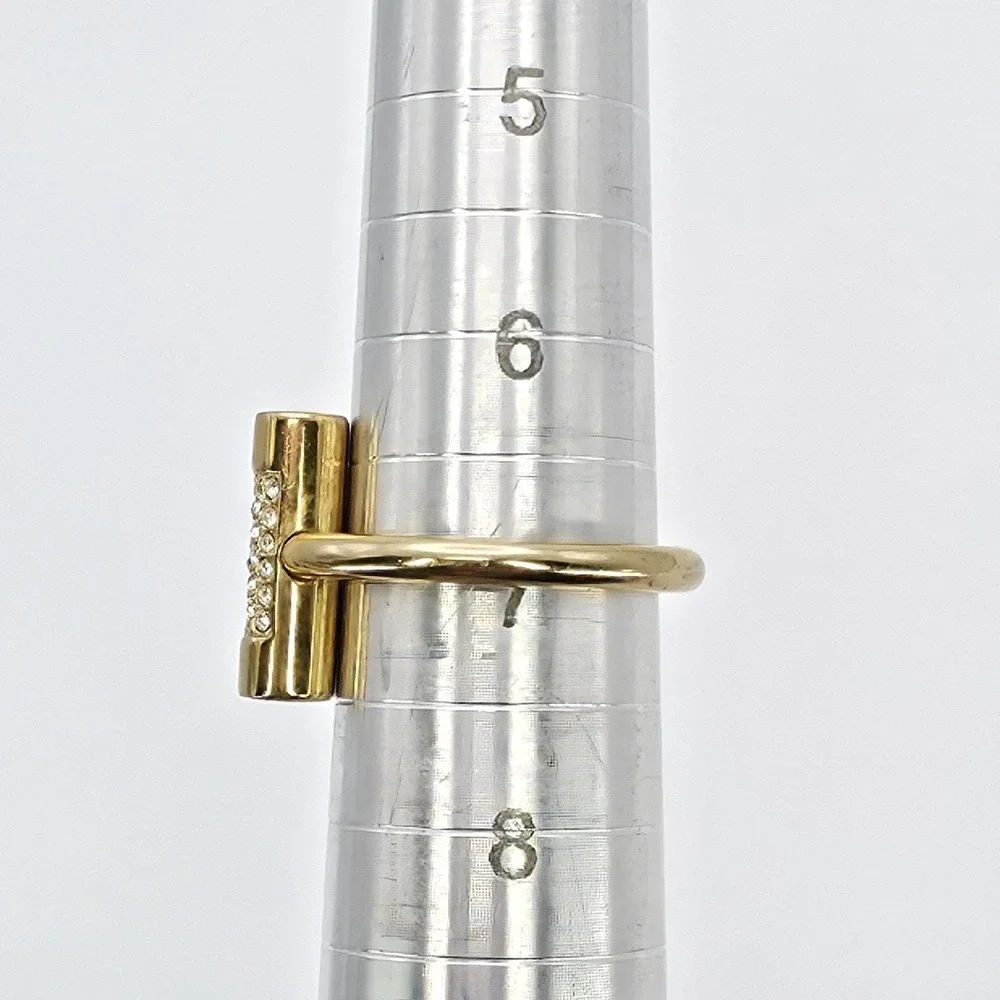 MICHAEL KORS Open Cuff Ring Pave Crystals Barrel Shape Gold Tone Size 7 Signed - Picture 10 of 11